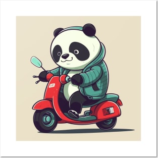 Funny panda riding scooter Posters and Art